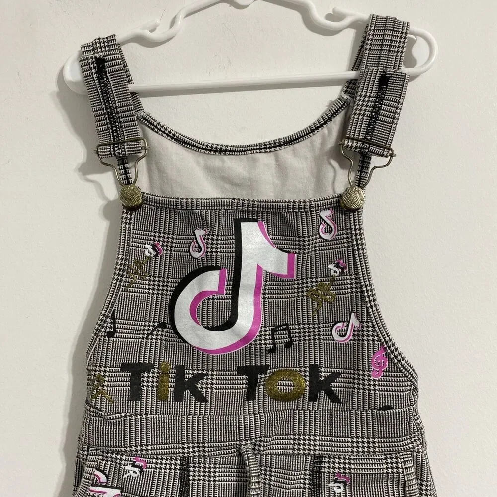 TikTok Overall Dress Toddler Girls 2T Black White Pink Gold Plaid Houndstooth - Picture 2 of 4
